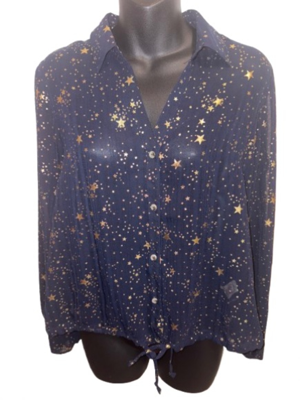 Hem & Thread Navy Sheer Button-Front Star Print Blouse NWT size S